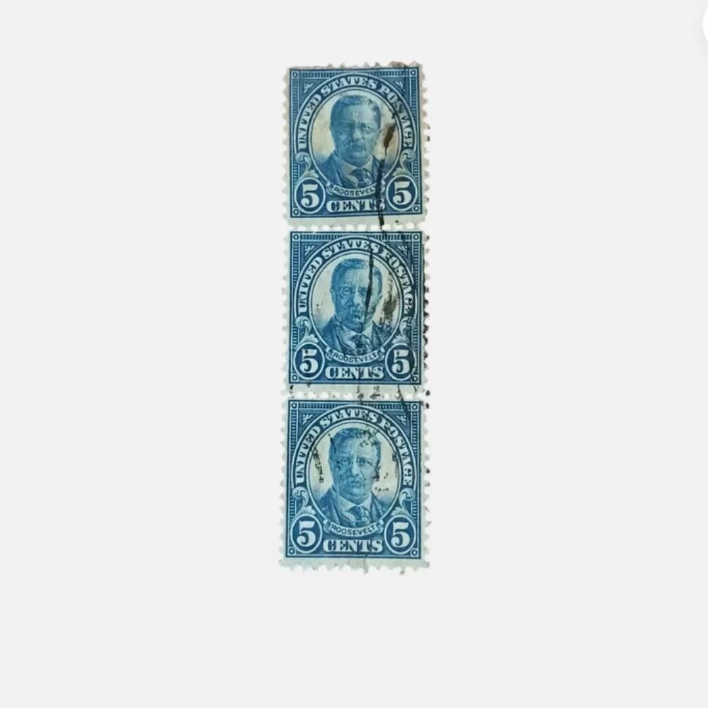 Theodore Roosevelt 5 Cent Stamp Dark Blue US Postage Vertical set of 3 stamps